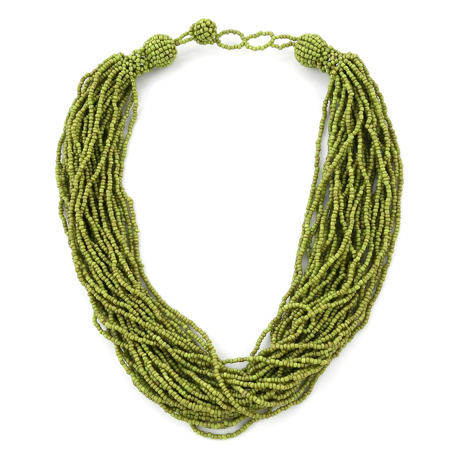 Green Seed Bead Glass Multi Strand Necklace in Silvertone